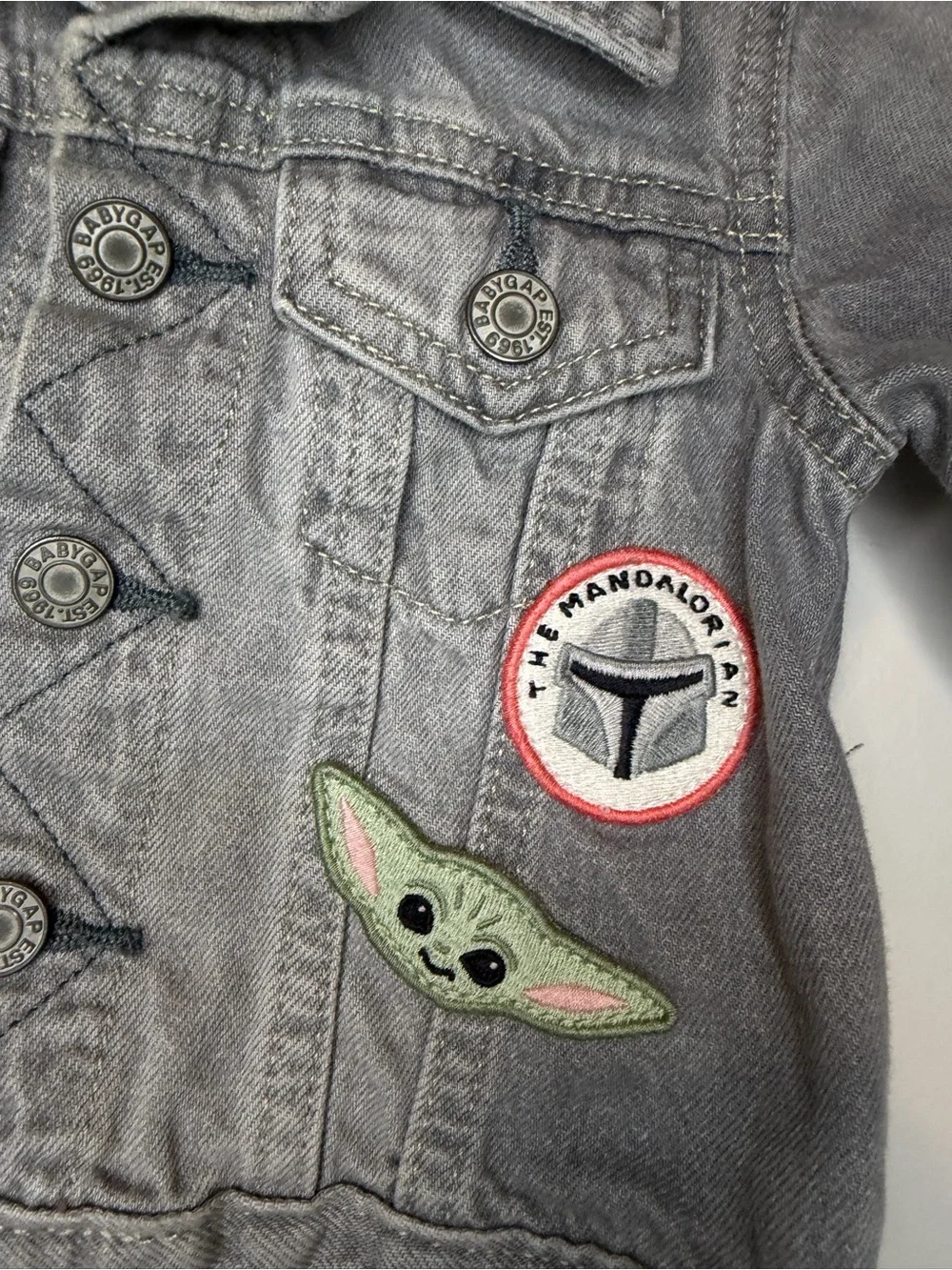 GAP Gray Denim Kids Jacket with Grogu & Patch Accents
